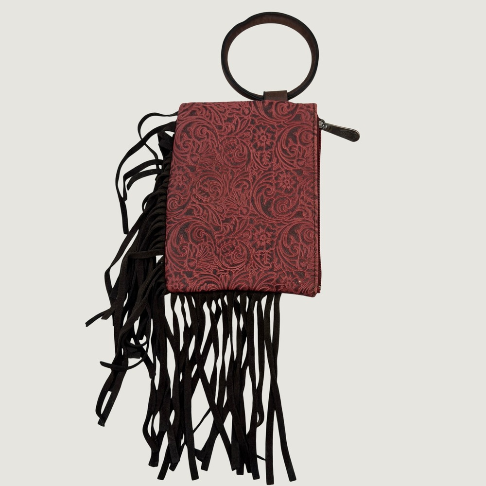 Justin Western Fringe Wristlet Red Embossed Floral Brown Small Clutch Bag